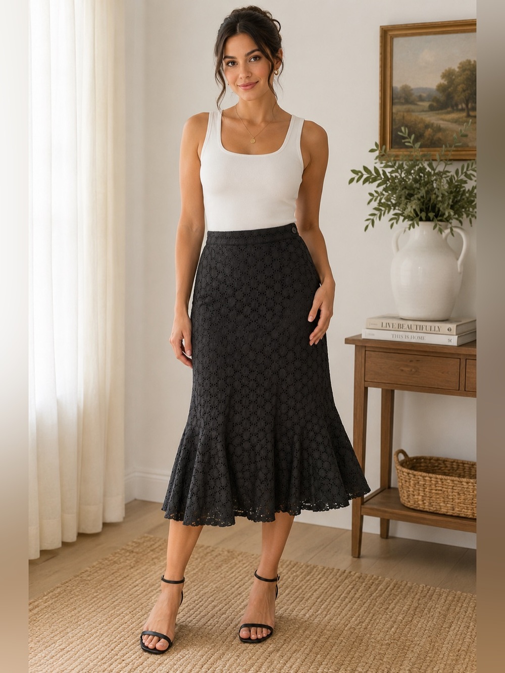 Silk Assets Black Eyelet Midi Skirt Cotton Lined Trumpet Hem Women’s XS